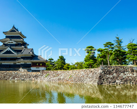 松本城清爽的夏日景色:護城河與城牆 松本城清爽的夏日景色:護城河與城牆 134677747
