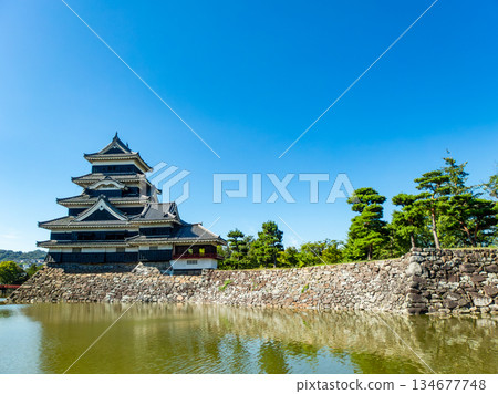 松本城清爽的夏日景色:護城河與城牆 松本城清爽的夏日景色:護城河與城牆 134677748