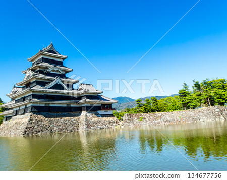 松本城清爽的夏日景色：護城河與城牆 134677756