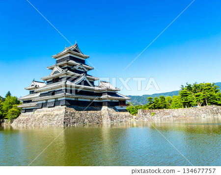 松本城清爽的夏日景色：護城河與城牆 134677757