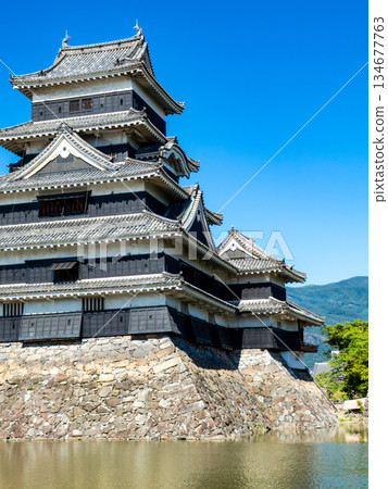 松本城清爽的夏日景色:護城河與城牆 松本城清爽的夏日景色:護城河與城牆 134677763