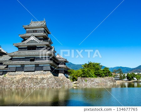 松本城清爽的夏日景色:護城河與城牆 松本城清爽的夏日景色:護城河與城牆 134677765