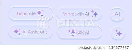 Convex and Concave AI Buttons set. 3d AI Assistant pushbutton. Generate artificial intelligence toggle. LLM magic stars logo. Machine learning text generator. Chatbot assistant. UI design. Vector 134677787