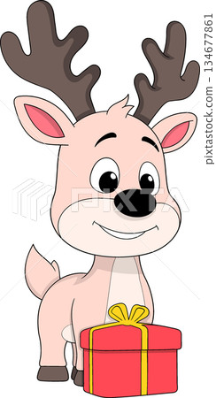 Cute Christmas Reindeer Cartoon With Gift Box Illustration 134677861