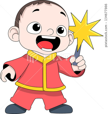 Happy New Year Cartoon Child Holding Firework Illustration Happy New Year Cartoon Child Holding Firework Illustration 134677866