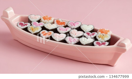 A pink ceramic sushi boat holds heart shaped sushi rolls arranged in a playful romantic food composition 134677999