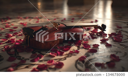 A polished violin rests on an ornate floor scattered with deep red rose petals in warm dramatic light A polished violin rests on an ornate floor scattered with deep red rose petals in warm dramatic light 134678000