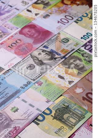 Paper money, banknotes of different countries as a business background. Paper money and cash 134678205