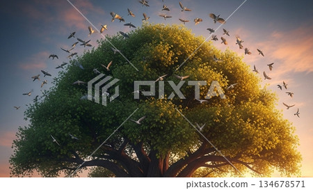 Tree with Flying Birds at Dusk 4K AI Landscape Tree with Flying Birds at Dusk 4K AI Landscape 134678571