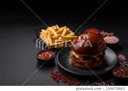 A burger, a hamburger with cheese, beef, and a bun, is unhealthy takeaway food. A burger 134678661