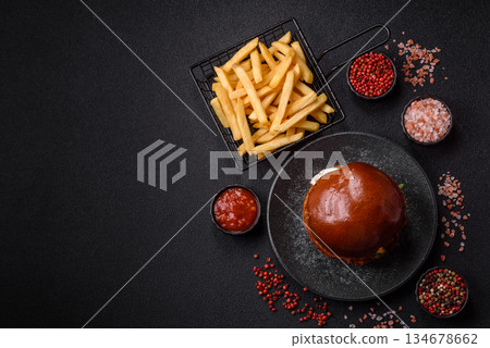 A burger, a hamburger with cheese, beef, and a bun, is unhealthy takeaway food. A burger A burger, a hamburger with cheese, beef, and a bun, is unhealthy takeaway food. A burger 134678662