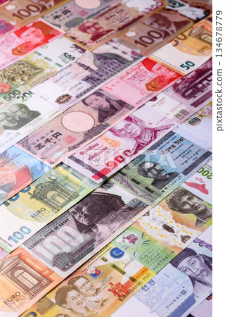 Paper money, banknotes of different countries as a business background. Paper money and cash 134678779