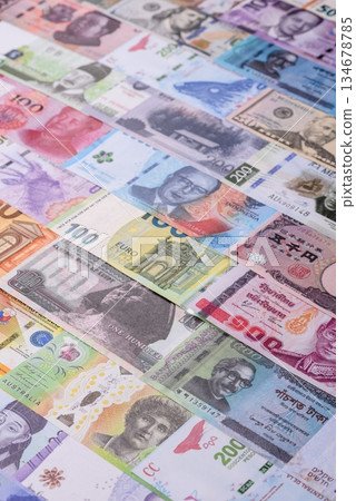 Paper money, banknotes of different countries as a business background. Paper money and cash 134678785