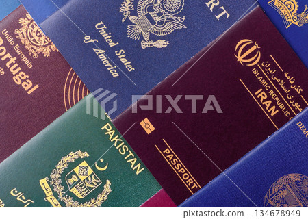 A background of several passports from different countries, an international ID card. Passport 134678949