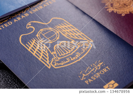 OAE passport for travelling, flying and doing business. Arabic document, id 134678956
