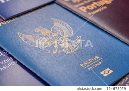 Indonesian passport for travelling, flying and doing business. Indonesia document, id 134678959