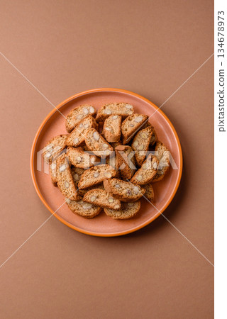 Italian cantuccini cookies with almonds, a sweet biscuit dessert. Cantuccini cookies 134678973