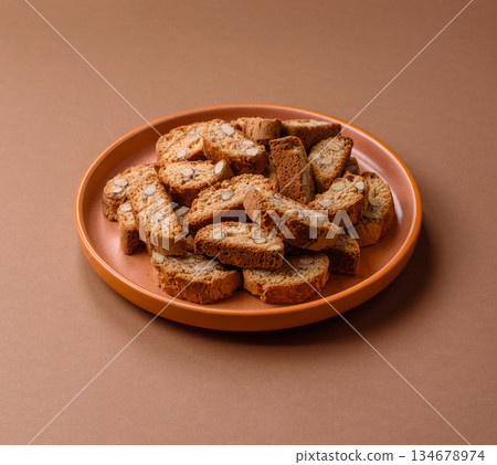 Italian cantuccini cookies with almonds, a sweet biscuit dessert. Cantuccini cookies 134678974