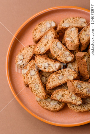 Italian cantuccini cookies with almonds, a sweet biscuit dessert. Cantuccini cookies Italian cantuccini cookies with almonds, a sweet biscuit dessert. Cantuccini cookies 134678977
