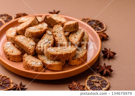 Italian cantuccini cookies with almonds, a sweet biscuit dessert. Cantuccini cookies 134678979