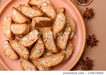 Italian cantuccini cookies with almonds, a sweet biscuit dessert. Cantuccini cookies 134678980