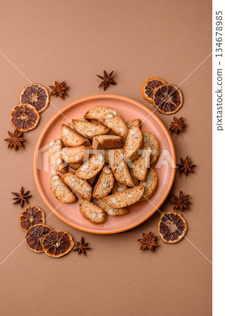 Italian cantuccini cookies with almonds, a sweet biscuit dessert. Cantuccini cookies 134678985