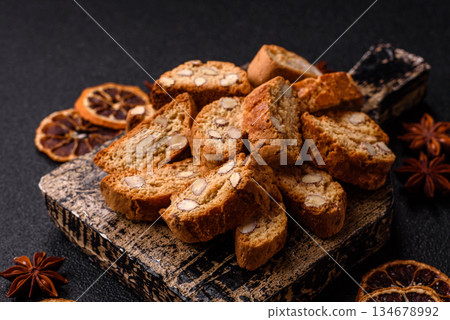 Italian cantuccini cookies with almonds, a sweet biscuit dessert. Cantuccini cookies 134678992