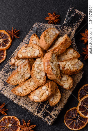 Italian cantuccini cookies with almonds, a sweet biscuit dessert. Cantuccini cookies 134678994
