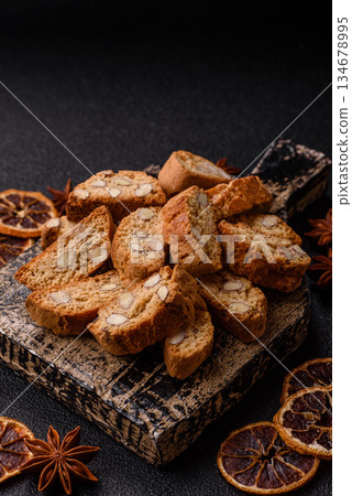 Italian cantuccini cookies with almonds, a sweet biscuit dessert. Cantuccini cookies Italian cantuccini cookies with almonds, a sweet biscuit dessert. Cantuccini cookies 134678995