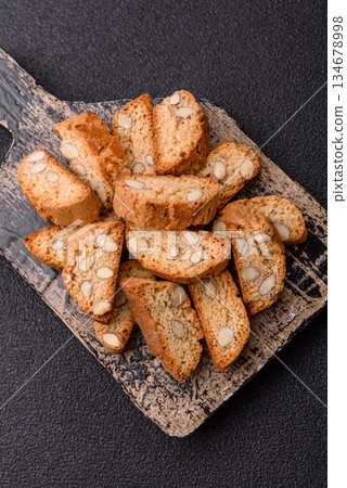 Italian cantuccini cookies with almonds, a sweet biscuit dessert. Cantuccini cookies 134678998