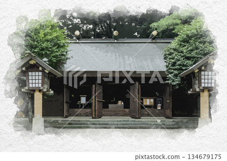 水彩畫風格,埼玉縣大宮市護國神社,埼玉市,埼玉縣 水彩畫風格,埼玉縣大宮市護國神社,埼玉市,埼玉縣 134679175
