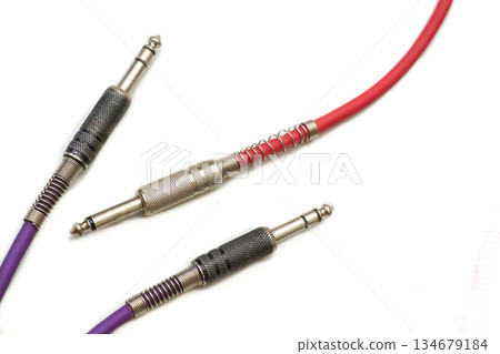Sound connection.Cables with metalic jacks.Electric guitar,sound equipment 134679184
