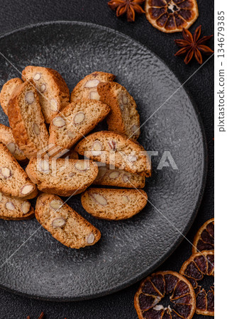 Italian cantuccini cookies with almonds, a sweet biscuit dessert. Cantuccini cookies 134679385