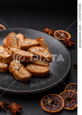 Italian cantuccini cookies with almonds, a sweet biscuit dessert. Cantuccini cookies 134679386