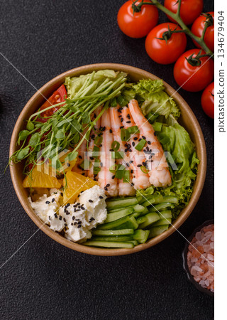 A prawn or shrimp bowl with rice, tomatoes, sauce, and vegetables, Asian food. Prawn or shrimp A prawn or shrimp bowl with rice, tomatoes, sauce, and vegetables, Asian food. Prawn or shrimp 134679404