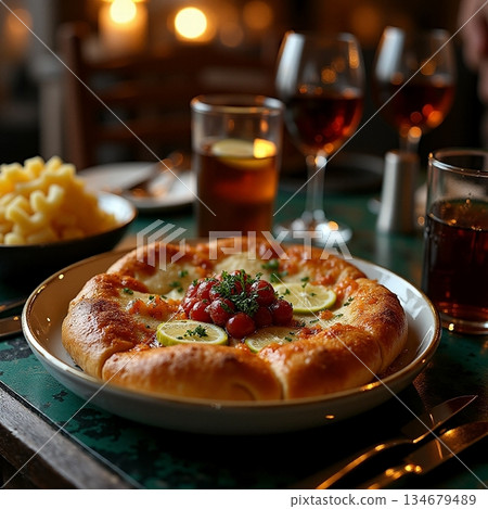 AI generated Rustic setting with delicious food, Warm ambiance featuring pizza and red 134679489