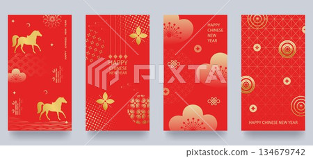 Chinese New Year 2026, Year of the Horse. Set of greeting cards with traditional patterns. Template for festive envelopes 134679742