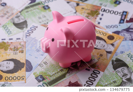 Korean paper money, won, and cash banknotes for financial transactions. Korean money 134679775