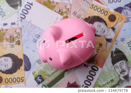 Korean paper money, won, and cash banknotes for financial transactions. Korean money 134679776