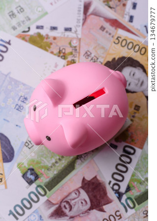 Korean paper money, won, and cash banknotes for financial transactions. Korean money 134679777