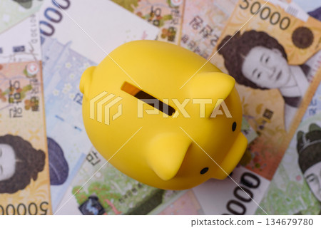 Korean paper money, won, and cash banknotes for financial transactions. Korean money 134679780
