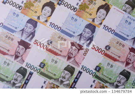 Korean paper money, won, and cash banknotes for financial transactions. Korean money 134679784