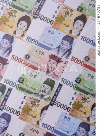 Korean paper money, won, and cash banknotes for financial transactions. Korean money 134679785