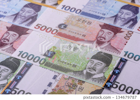 Korean paper money, won, and cash banknotes for financial transactions. Korean money 134679787