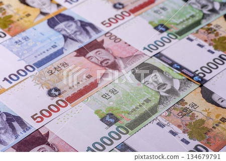 Korean paper money, won, and cash banknotes for financial transactions. Korean money 134679791
