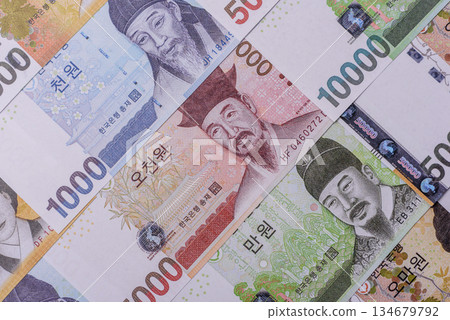 Korean paper money, won, and cash banknotes for financial transactions. Korean money 134679792