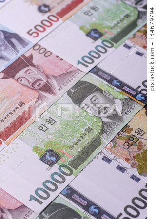 Korean paper money, won, and cash banknotes for financial transactions. Korean money 134679794