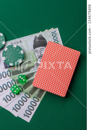 Casino game in the South Korea, won money, chips, cards. Gambling in casinos in the Korea 134679806