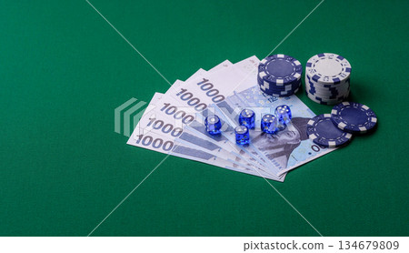 Casino game in the South Korea, won money, chips, cards. Gambling in casinos in the Korea 134679809