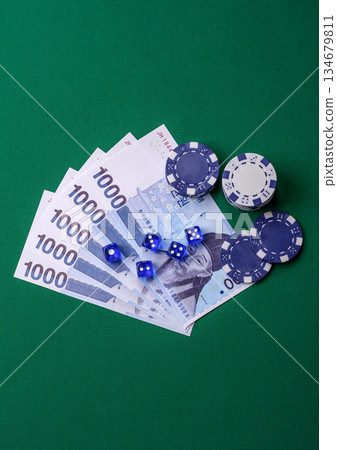 Casino game in the South Korea, won money, chips, cards. Gambling in casinos in the Korea 134679811